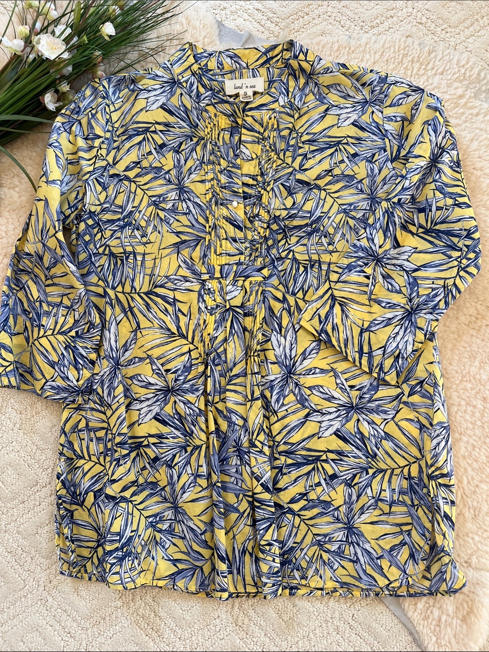 Land & Sea Yellow and Navy Leaf-Print Tunic Top